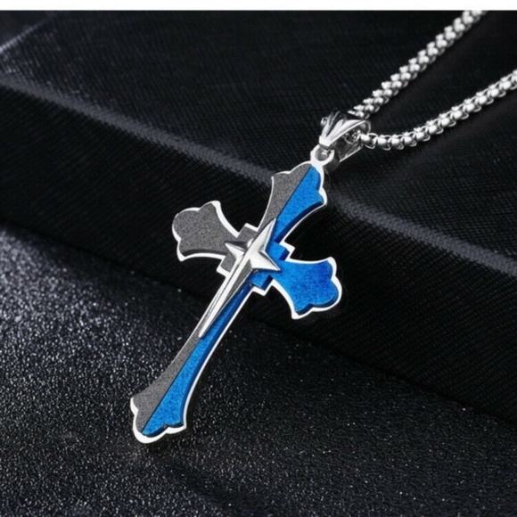 Mens Sliver Cross Pendant Necklace Stainless‎ Steel Titanium Blue Black 24